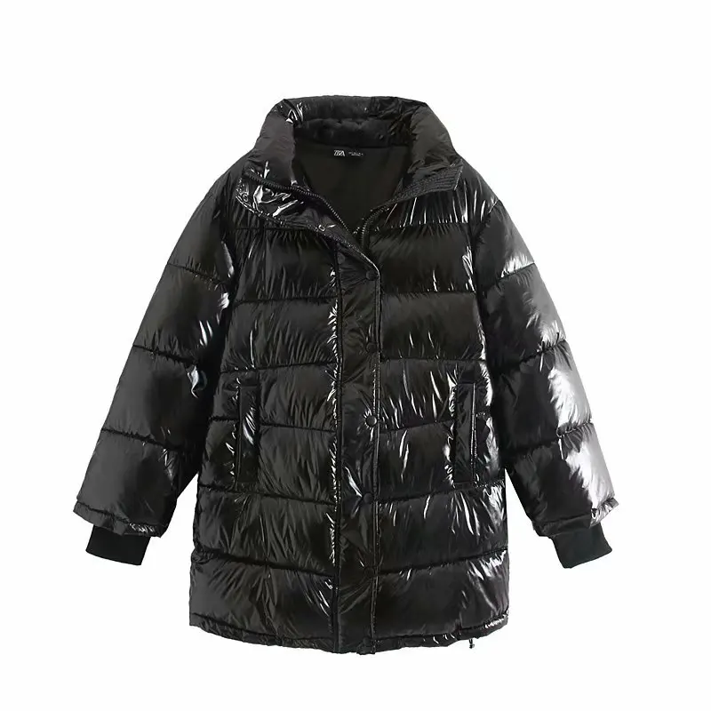 Зимняя модная блестящая черная парка, стильная Женская Толстая теплая куртка, Женская куртка с воротником-стойкой, пальто на молнии и пуговицах, повседневная верхняя одежда