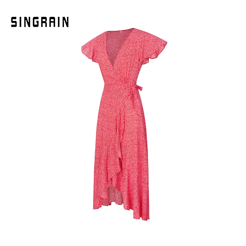 SINGRAIN длинное платье в горошек с запахом, женское богемное Платье с принтом Irregualr размера плюс, летнее праздничное Шифоновое Платье макси с оборками - Цвет: red