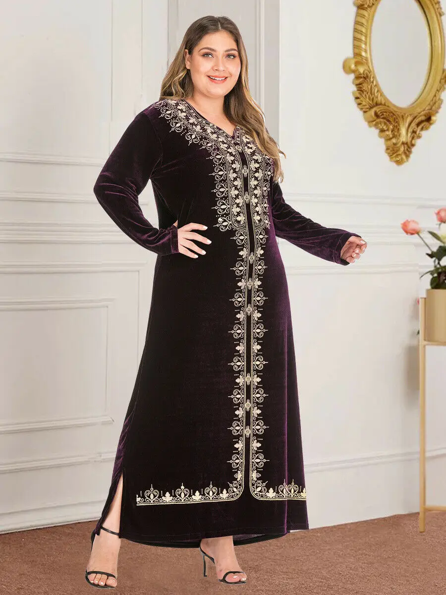 Abaya Women Kaftan Women Muslim Velvet V-neck Maxi Dress Plus Size Cocktail Robe Autumn Long Sleeve Gown Middle East Dress New