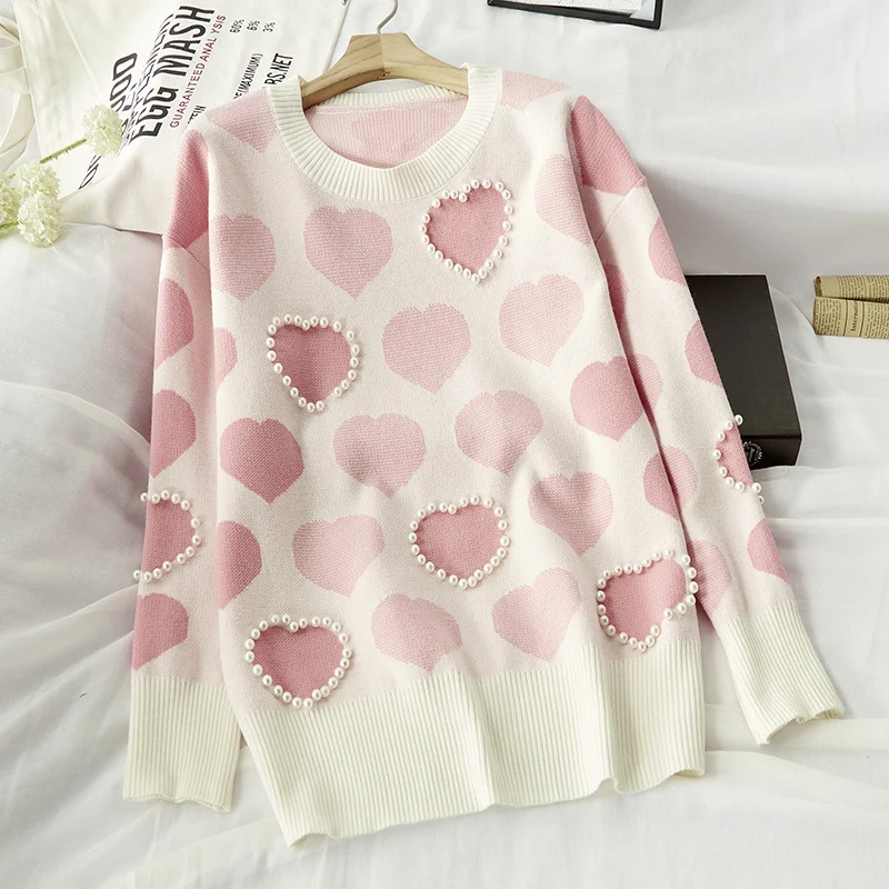 Gagarich женский свитер осень зима милое сердце Вязаный гвоздь бисер длинный рукав женский свободный Толстый Пуловер - Цвет: Розовый