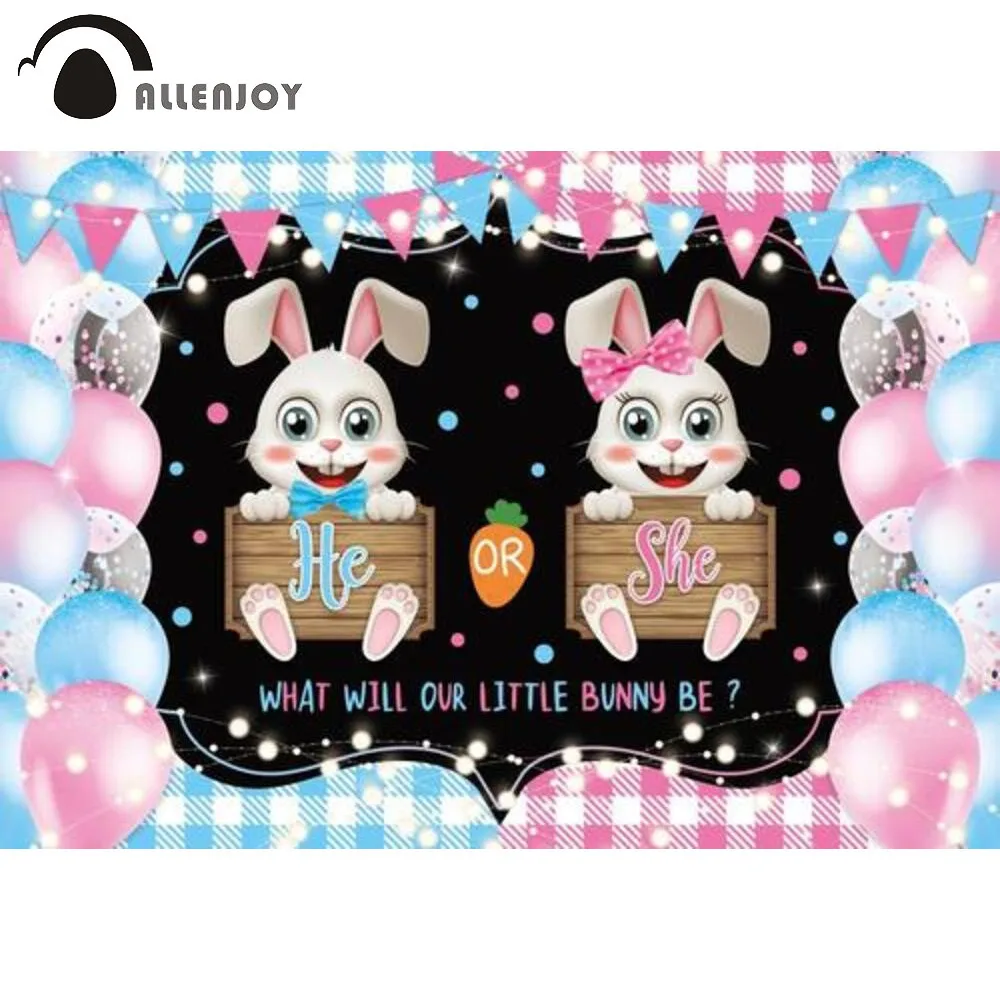 

Allenjoy Gender Reveal Bunny Birthday Party Backdrop Blue Pink Spring Easter Newborn Lattice Banner Photozone Background