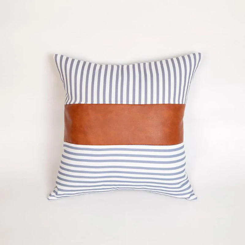 PU Leather Pillow Canvas Stripe Stitching Pillow Sofa Cushion New Modern Minimalist Style Living Room Pillow Cushion