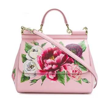 

Luxury Brands Sicily Elegant Lady Bag Colorful Rose Flower Print Tote Handbag Genuine Leather Women Pink Messenger Shoulder Bags