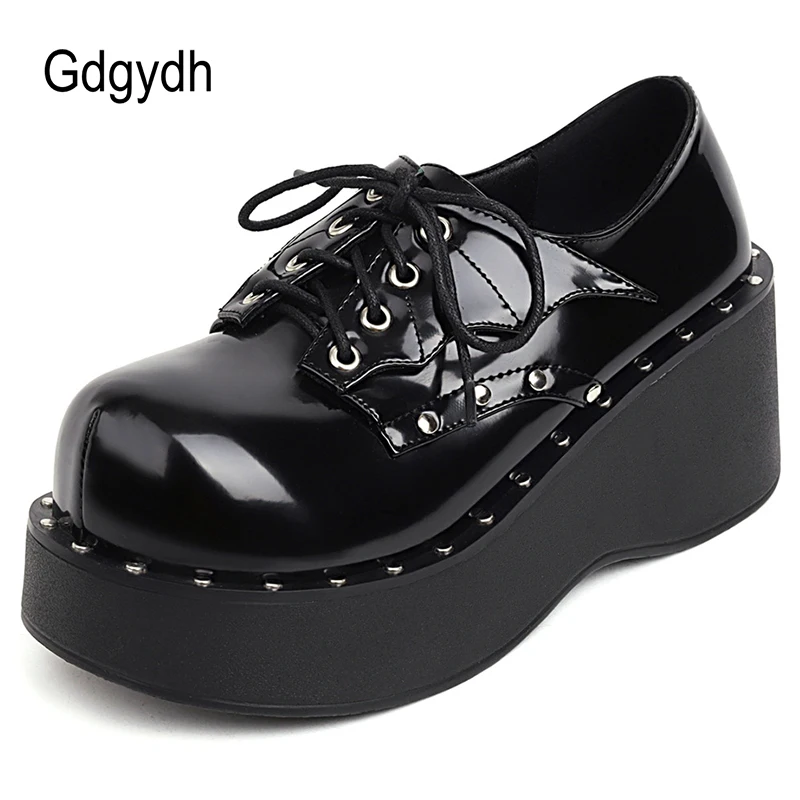 

Gdgydh Punk Style Shoes Woman Platform Heel Metal Rivet Dark Bat Fashion Trendy Women Pumps Wedge Bottom Burgundy School Student