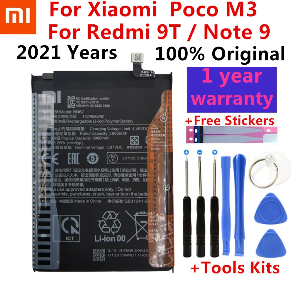 Xiao Mi 100% оригинальный новый 6000 мАч BN62 Аккумулятор для Xiaomi Pocophone Poco M3 Redmi Note9 9T