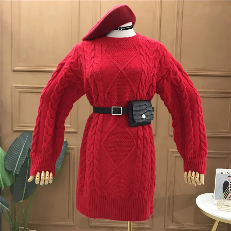 New Loose Long Sweater Women's Round Neck Retro Mid Length Knit Pullover Knitwear with Belt Girls Winter Knitted Shirt Sweaters