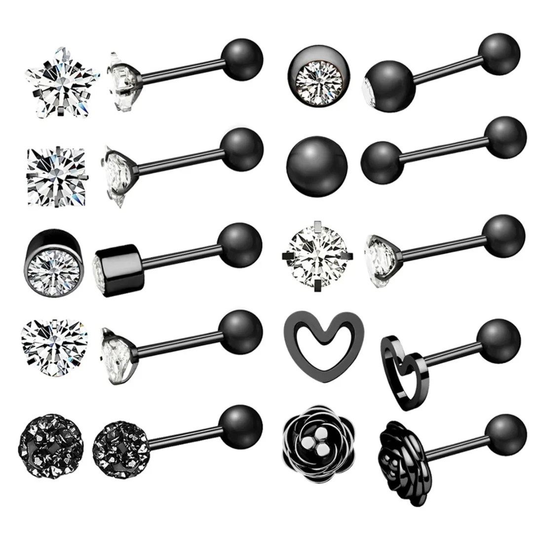 10 Pairs Stainless Steel Tongue Piercing Set Zircon Flower Heart Earring Ear Cartilage Lip Piercing Body Jewelry For Women Men