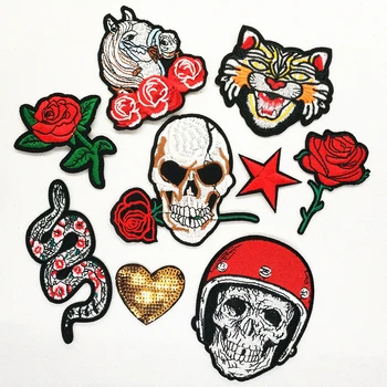 

NEW! Punk Skull Rock Moto Tiger Snake Rose Patch Badges Embroidered Iron on Patches for Clothing Badge Clothes Accessories