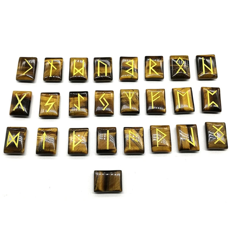 

Brand New 25Pcs Tigereye Healing Gemstone Rune Stones Engraved Elder Futhark Rune Set Meditation Divination Healing Chakra Reiki