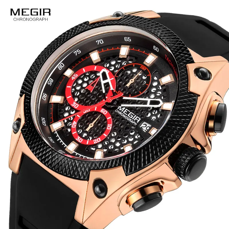 

MEGIR Luxury Rose Gold Army Watches Men Top Brand Relogios Masculino Chronograph Quartz Wristwatch Male Man Waterproof Watch