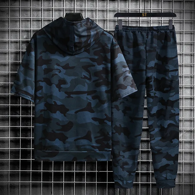Spring Summer New Camouflage Men's Suit Sports Fitness Short Sleeve Hoodie+Trousers Men 2 Pieces Casual Outdoor Fashion Shorts 4