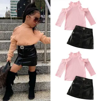 

2PCS Toddler Baby Girl Autumn Winter Clothes long sleeve pink off shoulder Sweater Tops black zipper Mini Skirt Outfits Set