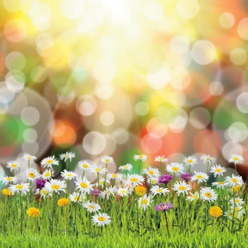 

Laeacco Vinyl Backgrounds For Photography Spring Polka Dots Light Bokeh Green Grass Spring Flowers Baby Child Photo Backdrop