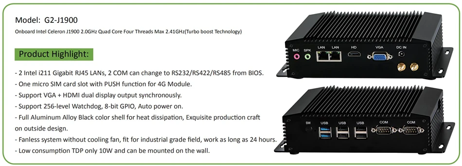 Новый 24 часа промышленный безвентиляторный мини ПК i7 i5 J1900 Win 10Pro Linux 2 * Intel lan RS232/485 COM HDMI VGA USB WiFi часы собака 3g/4G