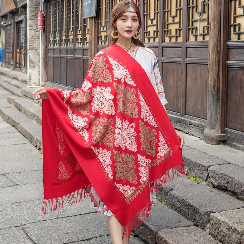 New Winter Warm Solid Scarf For Women/Lady Soft Wool Pashmina Shawls Flower Embroidery Cashmere Female Wraps Capes