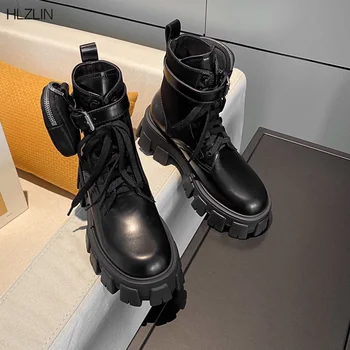 

2020 winter leather ankle boots ladies pocket motorcycle boots handsome lace-up platform platform shoes black military shoes
