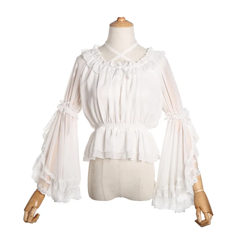 Lace Blouse Tops Bell-Sleeves Under-Shirt Chiffon Lolita Off-Shoulder Plus-Size Strap
