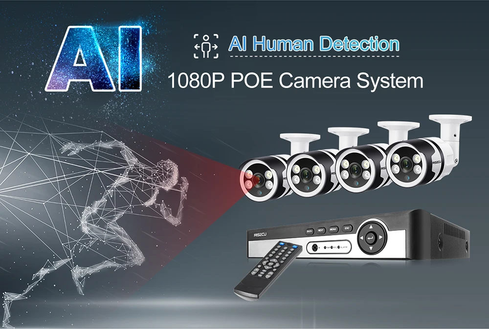 MISECU H.265 4CH 1080P камеры видеонаблюдения системы AI обнаружения человека камера безопасности двухстороннее аудио наружное водонепроницаемое видеонаблюдение