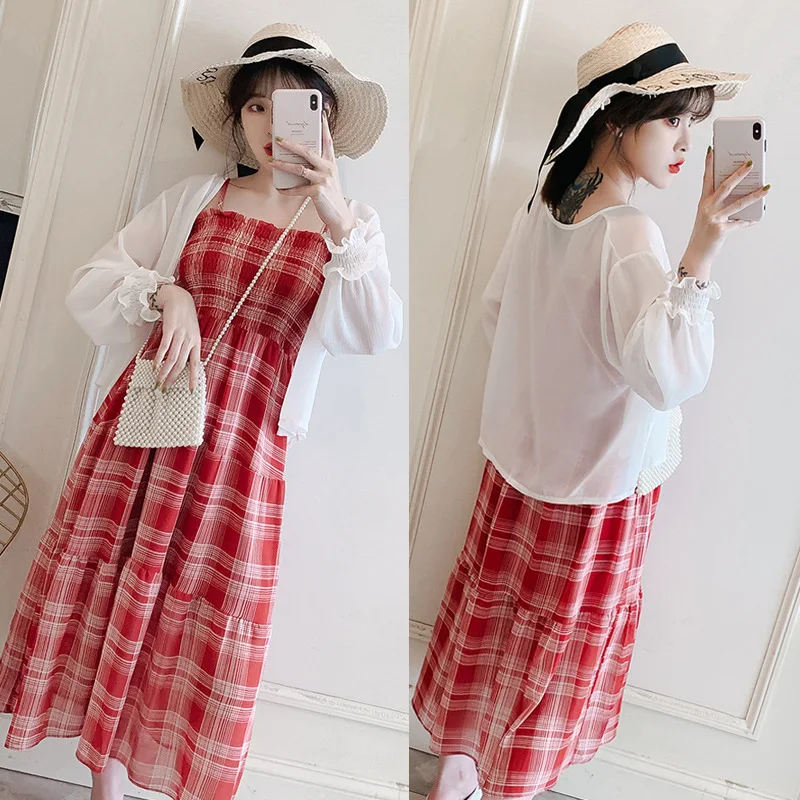 

2019 Summer New Style Large Size Dress Fat Mm Fashion Plaid Slimming Strapped Dress + Solid Color Cardigan Suit