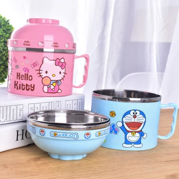 

Hello Kitty Lunch Bowls 3 Layers Children Cute Jingle Cat KT Rice Bowl with Lid Cover Stainless Steel Mixing Soup Noodle Bowl