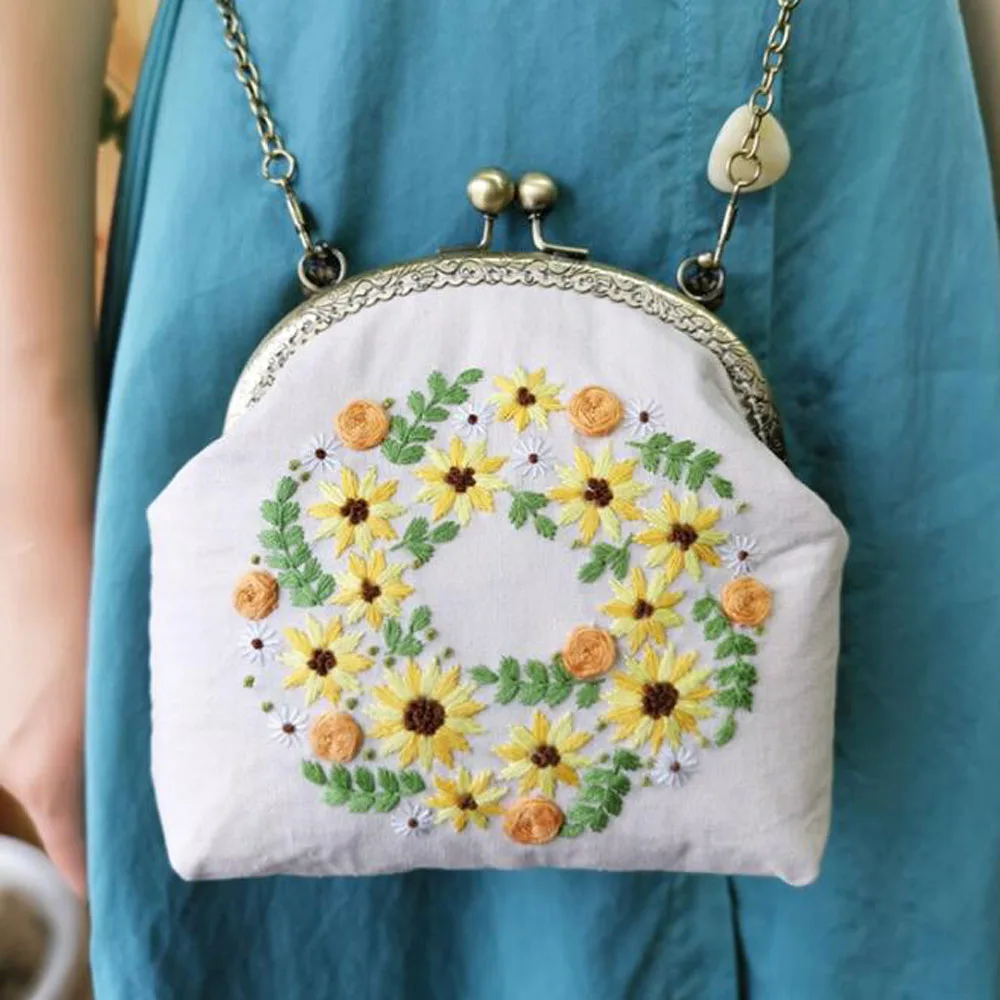 DIY Ribbon Embroidery Bag Set Handmade Needlework Kits Cross Stitch Chain Bag Swing Purse Wallet 3D