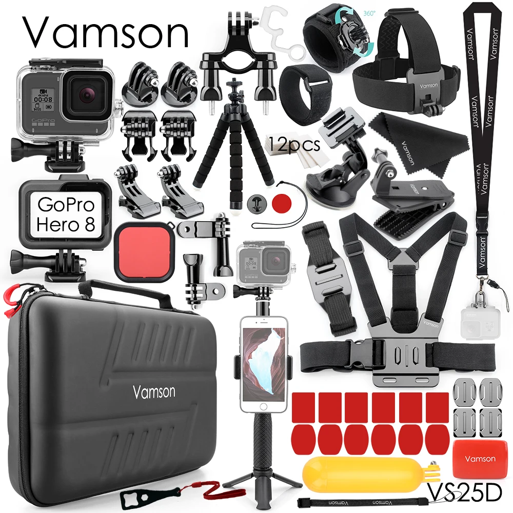 Vamson для GoPro Hero 8, черный Водонепроницаемый Чехол, комплект для GoPro, аксессуары для экшн-камеры, комплект для монопода, крепление для GoPro 8 VS25