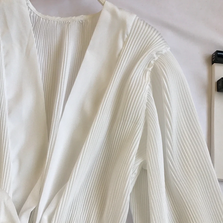 Women Elegant Long Sleeve Blouse Shirt Sexy V Neck Pleated Ruffles Blusa Sashes Vintage Women Blouse Spring Fashion Shirt Top Blusas (19)