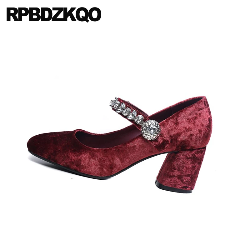 female crystal high heels shoes square toe mary jane velvet thick pumps luxury chunky diamond rhinestone block jewel women