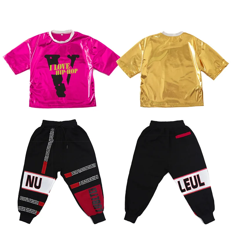 Детские костюмы в стиле хип-хоп с короткими рукавами розового и золотого цвета для девочек, танцевальные костюмы Ds, одежда для бальных танцев