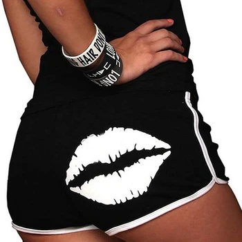 

2020 Fashion Lip print Shorts Stretch Waist Casual Shorts Women High Waist Black White Shorts Harajuku Beach Sexy Short D30