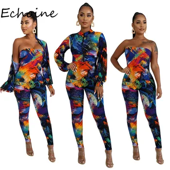 

Fashion Colorful Print Suit Off Shoulder Jumpsuit + Long Sleeve Coat Slinky Bodycon Tracksuit Women Autumn And Winter