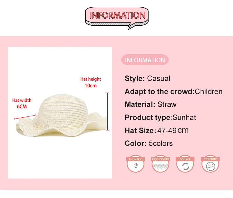 New Fashion Summer Children's Sun Hat Wavy Edges Beach Hat Girl Shades Panama Straw Cap Casual Big Brim Cute Kids Child