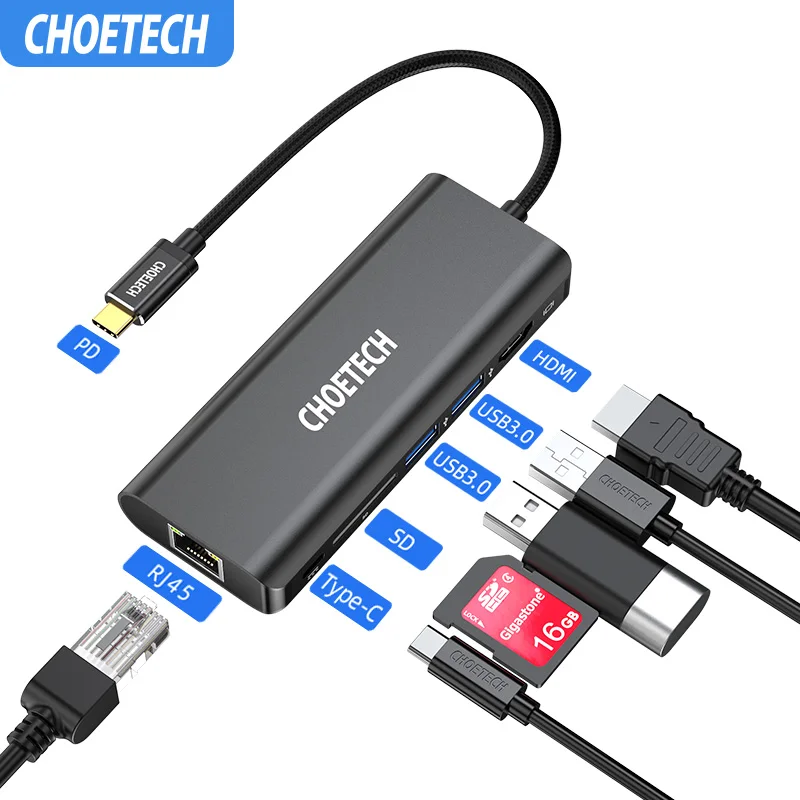CHOETECH usb-хаб C концентратор для нескольких USB 3 0 HDMI RJ45 адаптер SD ридер MacBook Pro USB-C type