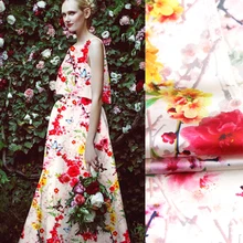 118 см шириной 19 мм желтый красный цветочный принт 93% шелк и 7% спандекс стрейч белый шелк атласная ткань для летнего платья куртка D1081