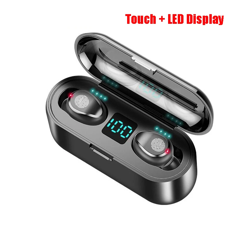 Беспроводные наушники Bluetooth V5.0 F9 TWS, беспроводные Bluetooth наушники, светодиодный дисплей, 2000 мАч, внешний аккумулятор, гарнитура с микрофоном - Цвет: Touch-Black