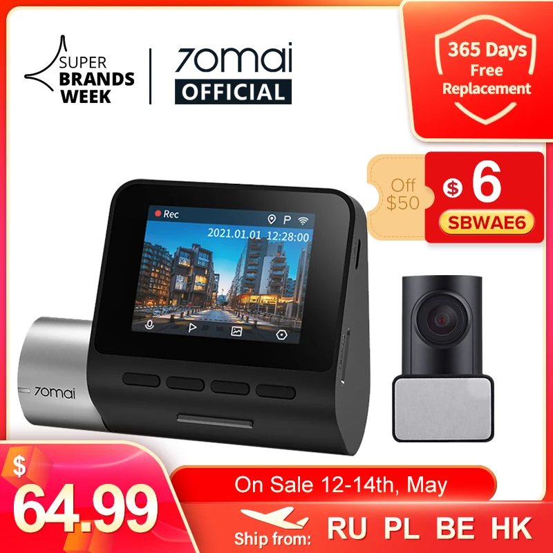 70mai A500 Dash Cam Pro Plus 1944P GPS ADAS Car Dash Camera Dual Sight Cam 70mai Plus A500S Car DVR 24H Parking