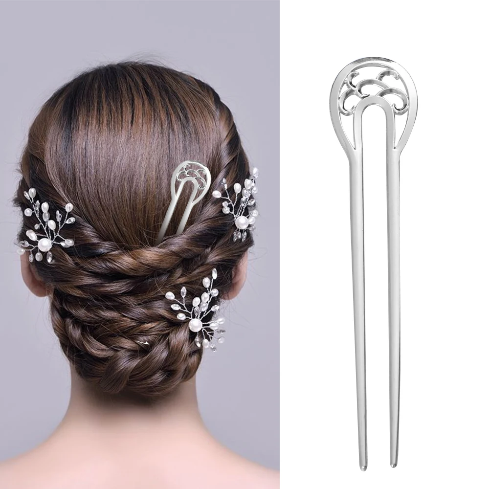 

1 Pcs 17cm Fashion Retro Style Women Metal Hair Stick U-shaped alloy hairpin Double wavy flower Hairpin Hair Styling Tools