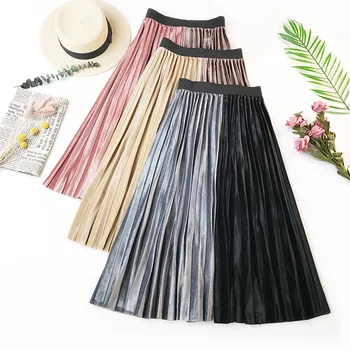 

Autumn Winter High Waist Midi Skirt 2019 New Elastic Waist Patchwork Contrast Color Velvet Pleated Skirt Preppy Style Girl Skirt