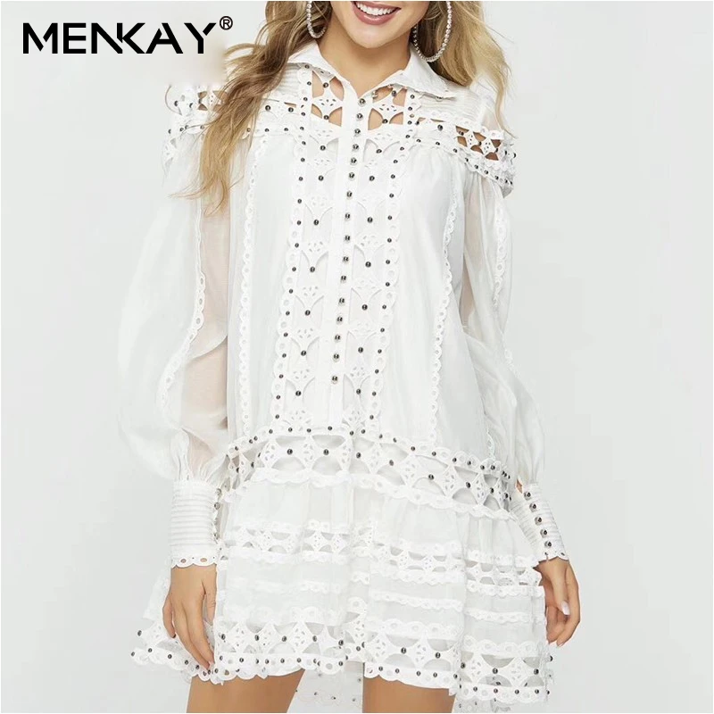 

[MENKAY] Beading Patchwork Women Dress Stand Lantern Sleeve Hollow Out Loose Mini Dresses Female Fashion 2019 Spring New