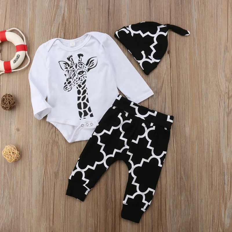 

Baby Boy clothes set Autumn Giraffe Printing Long Sleeve Rompers Trousers And Hat Kit Kids Three-piece Outfit Set 3PCS 0-2T #C