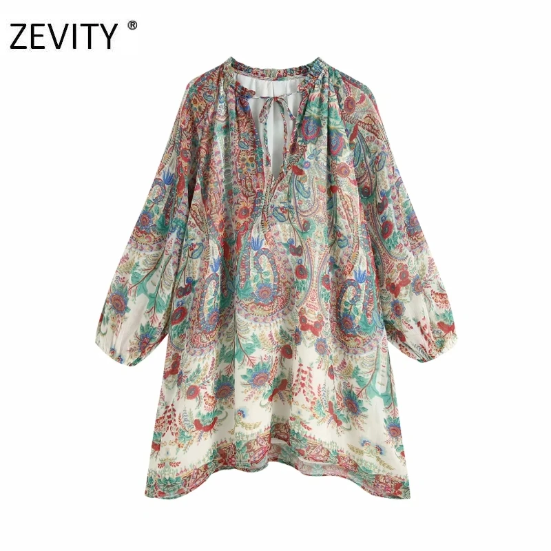 Zevity Women vintage agaric lace v neck totem flower print chiffon mini dress female casual loose vestidos party Dresses DS4201 Zevity Women vintage agaric lace v neck totem flower print chiffon mini dress female casual loose vestidos party Dresses DS4201
