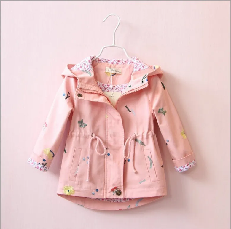 Осень, пальто для девочек, розовая ветровка для малышей, хлопковая верхняя одежда с цветочной вышивкой, Детская осенняя куртка с капюшоном, детская одежда - Цвет: Розовый