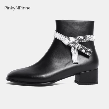 

Luxury full genuine leather women ankle boots black white bowtied strap chunk middle heels inside zip office ladies winter shoes