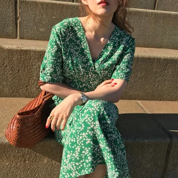 

YAMDI party dresses woman short sleeve elegant vintage korean v neck summer a-line midi dress women 2020 new polka dot vestidos