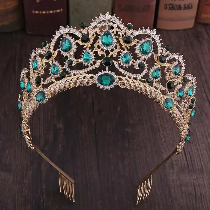 FORSEVEN Винтаж барокко синий золотой зеленый красный кристалл диадемы Короны с волос гребни невесты Свадебная вечеринка украшения для волос