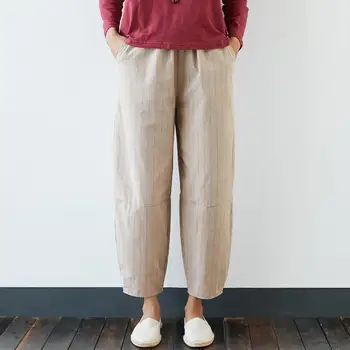 

2020 Vintage Striped Pants Casual Pockets Elastic Waist Trousers Women Cotton Linen Loose Pockets Pantalon Harem Palazzo Bottoms