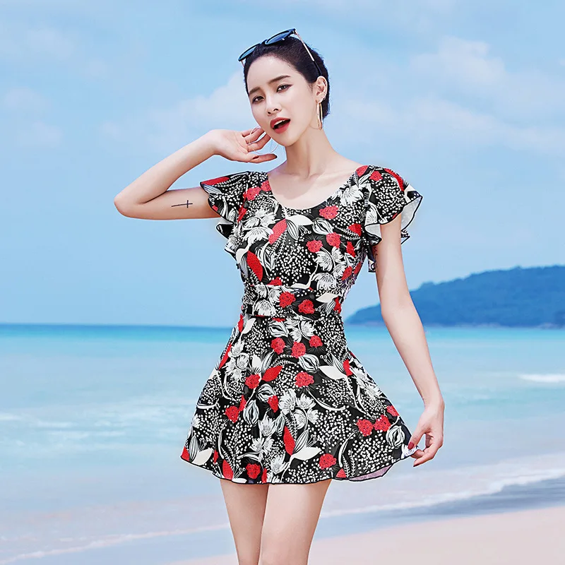 

Skirt Split Type Two-Piece Set WOMEN'S Swimsuit Conservative Belly Covering Slimming Small Bust Underwire Push up Boxers Seaside