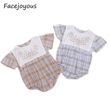 

Newborn Baby Girls Flower Embroidery Collar Princess Bodysuits Kids Infants Short Sleeve Plaid Jumpsuits Toddlers Clothes
