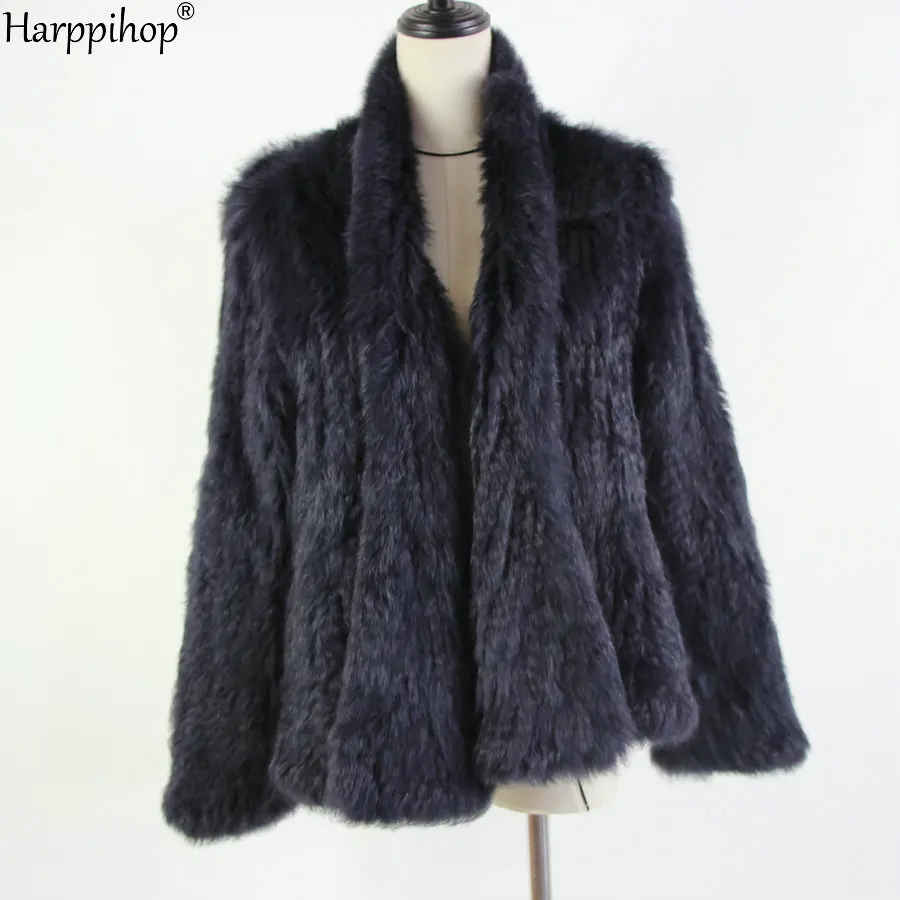 Новое вязаное пальто с кроличьим мехом, тонкая куртка с кроличьим мехом, настоящая ручная вязка, шуба из натурального кроличьего меха, куртка/стриженый мех - Цвет: dark blue