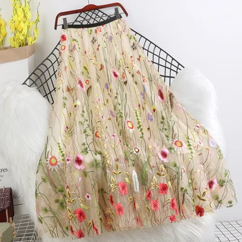 

Fashion Summer Flower Embroidery Skirt Women Long Floral Mesh Skirts High Waist Elegant Saias Ladies Layered Fairy Skirt